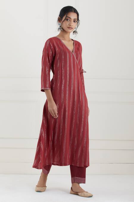 Tashee Red Cotton Stripes V Neck Lurex Angrakha And Pant Set Online at Aza Fashions Tashee_Red Cotton Stripes V Neck Lurex Angrakha And Pant Set _Online_at_Aza_Fashions