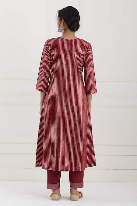 Shop Tashee Red Cotton Stripes V Neck Lurex Angrakha And Pant Set at Aza Fashions Shop_Tashee_Red Cotton Stripes V Neck Lurex Angrakha And Pant Set _at_Aza_Fashions