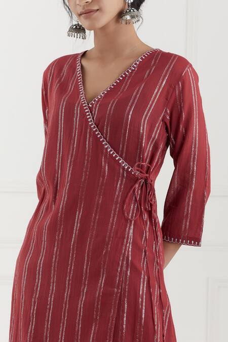 Buy Tashee Red Cotton Stripes V Neck Lurex Angrakha And Pant Set Online at Aza Fashions Buy_Tashee_Red Cotton Stripes V Neck Lurex Angrakha And Pant Set _Online_at_Aza_Fashions