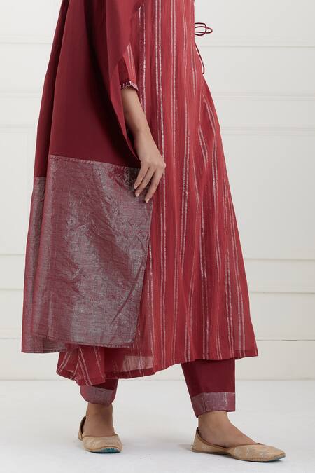 Shop Tashee Red Cotton Stripes V Neck Lurex Angrakha And Pant Set Online at Aza Fashions Shop_Tashee_Red Cotton Stripes V Neck Lurex Angrakha And Pant Set _Online_at_Aza_Fashions