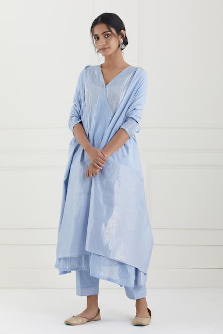 Tashee Blue Cotton Stripes V Neck Lurex Angrakha Pant Set 