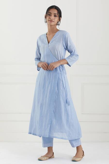 Tashee Blue Cotton Stripes V Neck Lurex Angrakha Pant Set Online at Aza Fashions Tashee_Blue Cotton Stripes V Neck Lurex Angrakha Pant Set _Online_at_Aza_Fashions