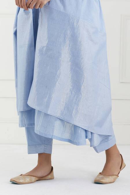 Shop Tashee Blue Cotton Stripes V Neck Lurex Angrakha Pant Set Online at Aza Fashions Shop_Tashee_Blue Cotton Stripes V Neck Lurex Angrakha Pant Set _Online_at_Aza_Fashions