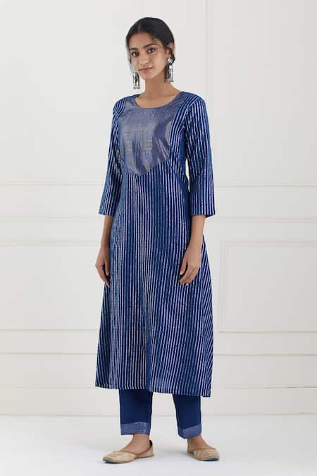Tashee_Blue Cotton Stripes Round Neck Kurta Pant Set _Online_at_Aza_Fashions