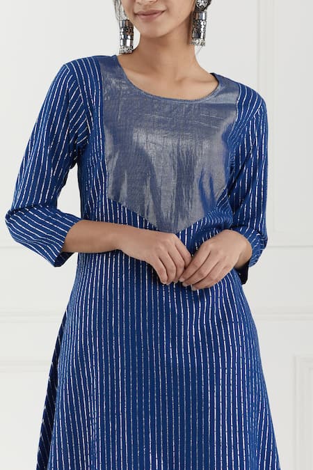 Buy_Tashee_Blue Cotton Stripes Round Neck Kurta Pant Set _Online_at_Aza_Fashions
