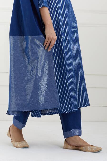 Shop_Tashee_Blue Cotton Stripes Round Neck Kurta Pant Set _Online_at_Aza_Fashions