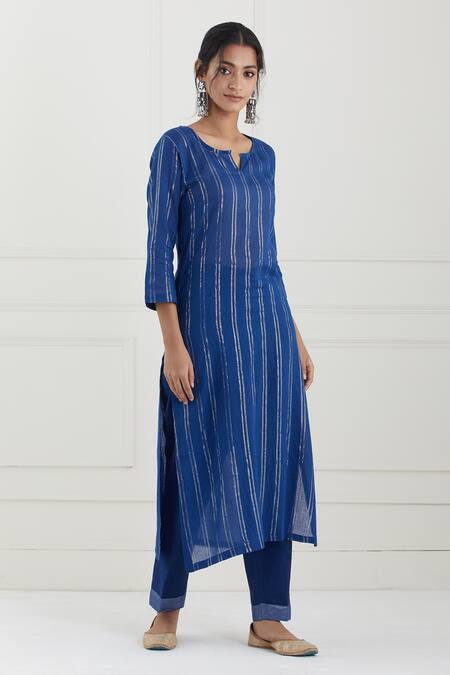 Tashee Blue Cotton Stripes Notched Lurex Kurta Pant Set Online at Aza Fashions Tashee_Blue Cotton Stripes Notched Lurex Kurta Pant Set _Online_at_Aza_Fashions