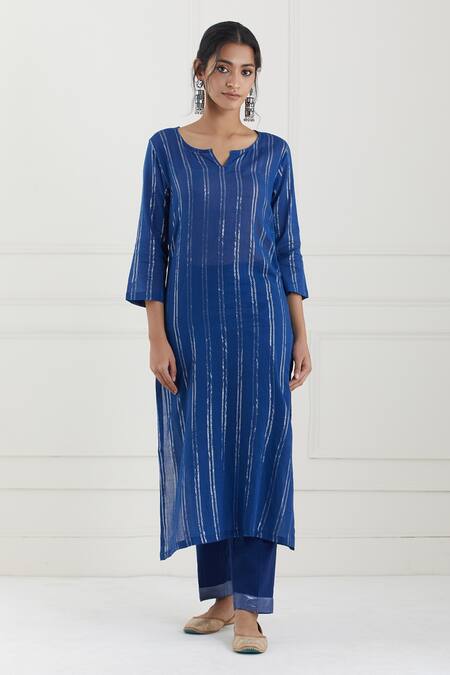 Buy Tashee Blue Cotton Stripes Notched Lurex Kurta Pant Set Online at Aza Fashions Buy_Tashee_Blue Cotton Stripes Notched Lurex Kurta Pant Set _Online_at_Aza_Fashions