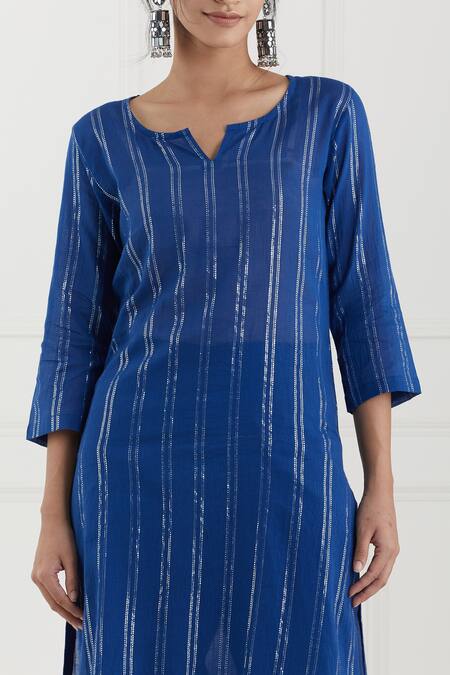 Shop Tashee Blue Cotton Stripes Notched Lurex Kurta Pant Set Online at Aza Fashions Shop_Tashee_Blue Cotton Stripes Notched Lurex Kurta Pant Set _Online_at_Aza_Fashions
