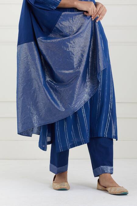 Tashee Blue Cotton Stripes Notched Lurex Kurta Pant Set at Aza Fashions Tashee_Blue Cotton Stripes Notched Lurex Kurta Pant Set _at_Aza_Fashions