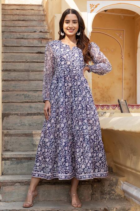 Buy Blue Cotton Printed Block Round Notched Hand Dress For Women By 