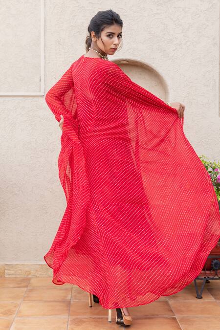 Shop Inara Jaipur Red Georgette Embroidered Leheriya Print V Neck Kaftan at Aza Fashions Shop_Inara Jaipur_Red Georgette Embroidered Leheriya Print V Neck Kaftan_at_Aza_Fashions