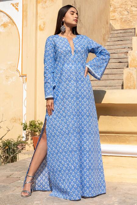 Inara Jaipur_Blue Cotton Printed Block Round Notched Hand Kaftan_Online_at_Aza_Fashions