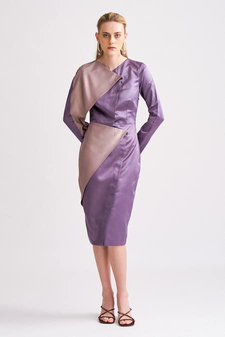 Notebook Purple Satin Plain V Neck Gigi Colourblock Overlap Dress 