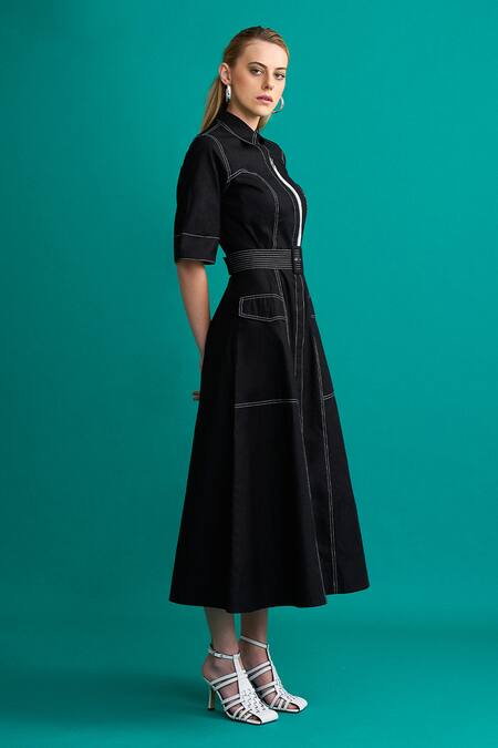 NOTEBOOK_Black Cotton Poplin Thread Work Straight Collar Maddie Topstitch Dress_Online_at_Aza_Fashions
