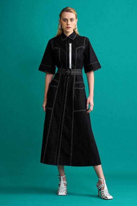 Buy_NOTEBOOK_Black Cotton Poplin Thread Work Straight Collar Maddie Topstitch Dress_Online_at_Aza_Fashions