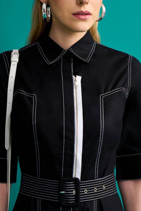 NOTEBOOK_Black Cotton Poplin Thread Work Straight Collar Maddie Topstitch Dress_at_Aza_Fashions