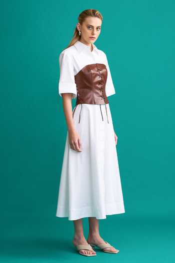 NOTEBOOK_White Cotton Poplin Plain Straight Lorraine Leather Corset And Dress Set _Online_at_Aza_Fashions