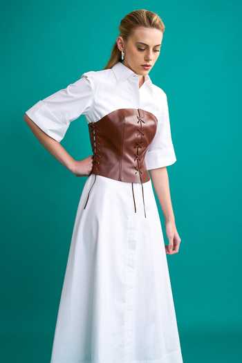 Buy_NOTEBOOK_White Cotton Poplin Plain Straight Lorraine Leather Corset And Dress Set _Online_at_Aza_Fashions