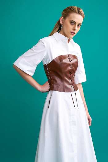 Shop_NOTEBOOK_White Cotton Poplin Plain Straight Lorraine Leather Corset And Dress Set _Online_at_Aza_Fashions