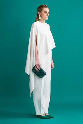 NOTEBOOK_White Terry Rayon Plain Round Lucy Drape Sleeve Jumpsuit _Online_at_Aza_Fashions