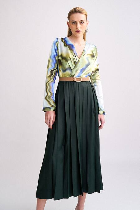 NOTEBOOK_Multi Color Satin Printed Abstract V Neck Anabelle Pleated Dress _Online_at_Aza_Fashions