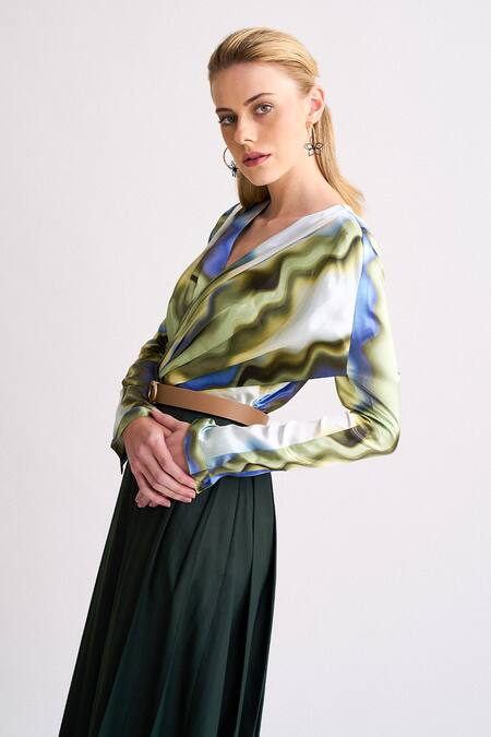 Buy_NOTEBOOK_Multi Color Satin Printed Abstract V Neck Anabelle Pleated Dress _Online_at_Aza_Fashions