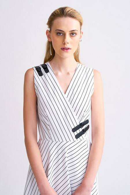 Notebook White Terry Rayon Striped V Neck Pierrie Overlap Jumpsuit Online at Aza Fashions Notebook_White Terry Rayon Striped V Neck Pierrie Overlap Jumpsuit_Online_at_Aza_Fashions