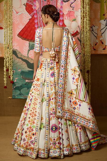 Buy_Mayyur Girotra Couture_White Silk Gota, Resham And Mirrors Leaf Neck Shubhra Bridal Lehenga Set _Online_at_Aza_Fashions