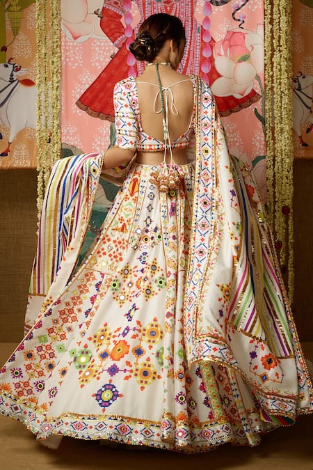 Shop_Mayyur Girotra Couture_White Silk Gota, Resham And Mirrors Leaf Neck Shubhra Bridal Lehenga Set _Online_at_Aza_Fashions