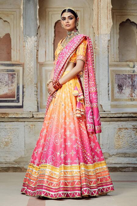 Mayyur Girotra Couture_Orange Silk Bandhani Print, Gota , Resham And Mirror Nigar Lehenga Set _Online_at_Aza_Fashions