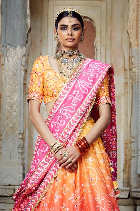 Buy_Mayyur Girotra Couture_Orange Silk Bandhani Print, Gota , Resham And Mirror Nigar Lehenga Set _Online_at_Aza_Fashions
