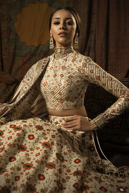 Mayyur Girotra Couture_White Silk Gota, Resham With Golden Zari Khalis Patola Print Bridal Lehenga Set _Online_at_Aza_Fashions