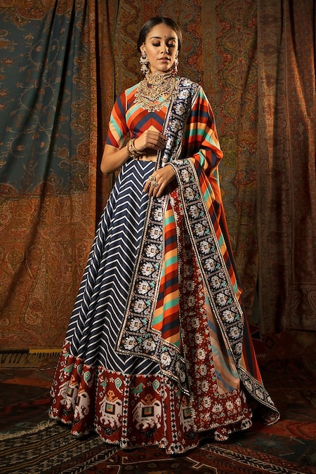 Mayyur Girotra Couture_Blue Silk Patola Round Lehenga Set _Online_at_Aza_Fashions