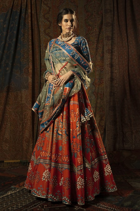 Mayyur Girotra Couture_Red Silk, Organza Gota, Resham And Mirrors Maurya Patola Print Bridal Lehenga Set _Online_at_Aza_Fashions