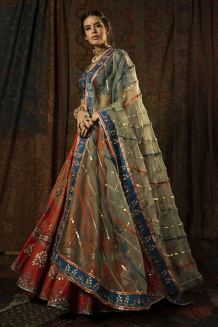 Buy_Mayyur Girotra Couture_Red Silk, Organza Gota, Resham And Mirrors Maurya Patola Print Bridal Lehenga Set _Online_at_Aza_Fashions