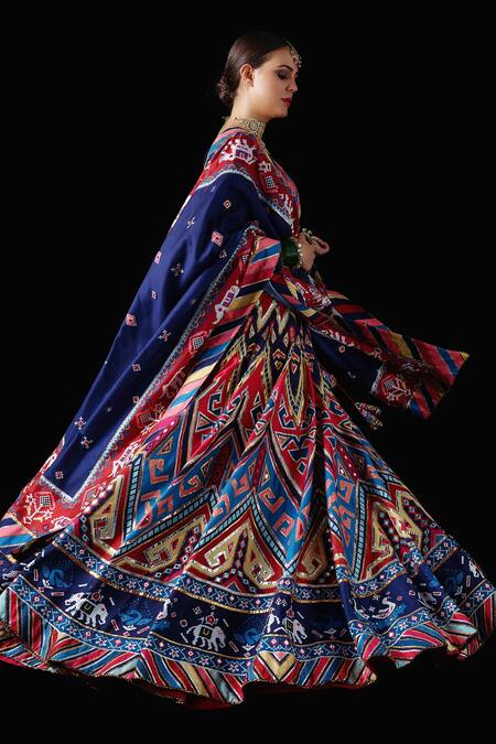 Mayyur Girotra Couture_Blue Applique Gota, Resham And Mirrors V Neck Naubahar Silk Lehenga Set _Online_at_Aza_Fashions