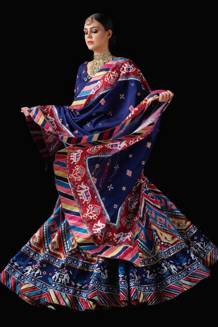 Buy_Mayyur Girotra Couture_Blue Applique Gota, Resham And Mirrors V Neck Naubahar Silk Lehenga Set _Online_at_Aza_Fashions