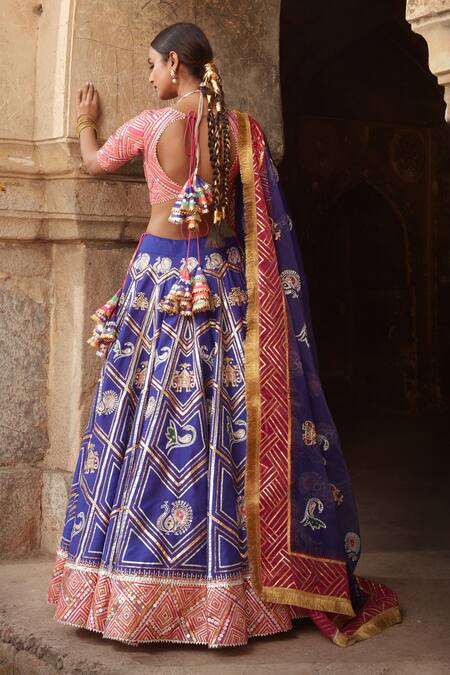 Shop_Mayyur Girotra Couture_Blue Silk Gota, Sequins, Resham And Mirror V Neck Kanwal Bridal Lehenga Set _at_Aza_Fashions