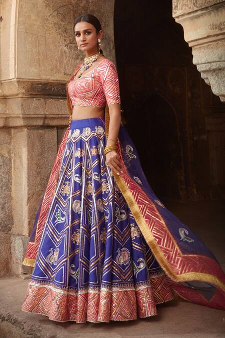 Mayyur Girotra Couture_Blue Silk Gota, Sequins, Resham And Mirror V Neck Kanwal Bridal Lehenga Set _Online_at_Aza_Fashions