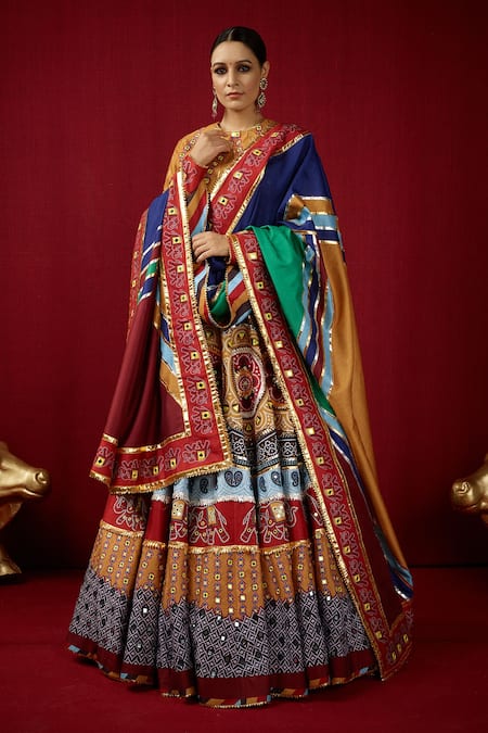 Mayyur Girotra Couture_Multi Color Silk Printed Gota Round Chandan Bridal Lehenga Set  _Online_at_Aza_Fashions