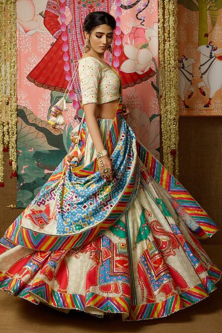 Mayyur Girotra Couture_White Silk Gota, Resham And Mirrors V Neck Gamini Bridal Lehenga Set _Online_at_Aza_Fashions