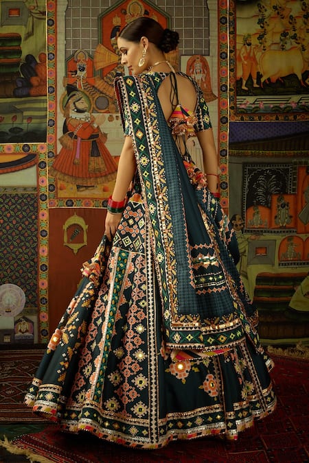Mayyur Girotra Couture_Green Gota, Resham And Mirrors V Neck Nisargah Silk Patola Print Lehenga Set _Online_at_Aza_Fashions