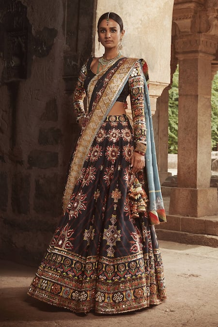 Mayyur Girotra Couture_Black Silk Gota, Sequins, Resham And Mirror, Zari Round Nargis Lehenga Set _Online_at_Aza_Fashions