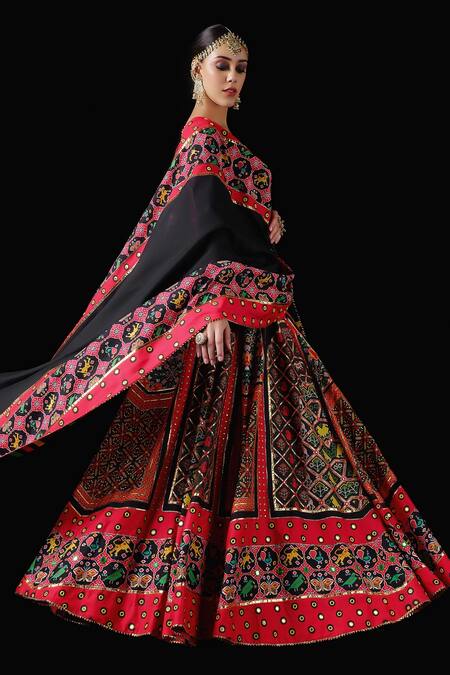 Mayyur Girotra Couture_Black Silk Gota , Patola Print, Resham And Mirror Gulmohar Lehenga Set _Online_at_Aza_Fashions
