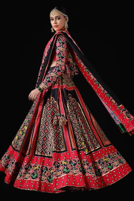 Buy_Mayyur Girotra Couture_Black Silk Gota , Patola Print, Resham And Mirror Gulmohar Lehenga Set _Online_at_Aza_Fashions