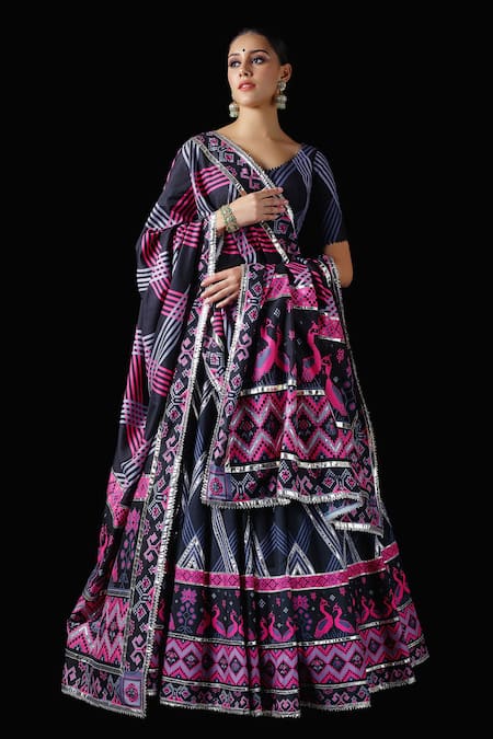 Mayyur Girotra Couture_Black Silk Gota Work, Patolu Round Bakain Lehenga Set _Online_at_Aza_Fashions
