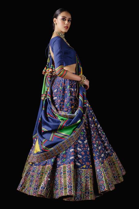 Mayyur Girotra Couture_Blue Silk Antique, Golden Gota, Resham And Parikrama Patola Print Lehenga Set _Online_at_Aza_Fashions