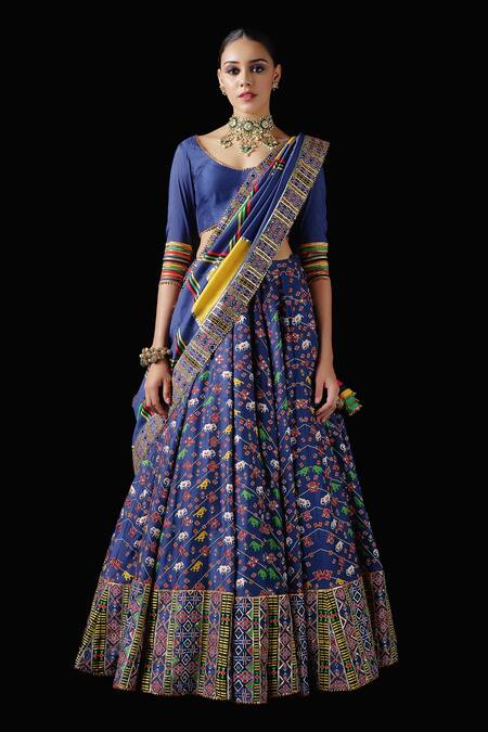 Buy_Mayyur Girotra Couture_Blue Silk Antique, Golden Gota, Resham And Parikrama Patola Print Lehenga Set _Online_at_Aza_Fashions