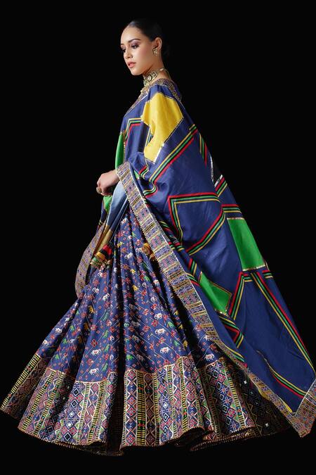 Shop_Mayyur Girotra Couture_Blue Silk Antique, Golden Gota, Resham And Parikrama Patola Print Lehenga Set _Online_at_Aza_Fashions